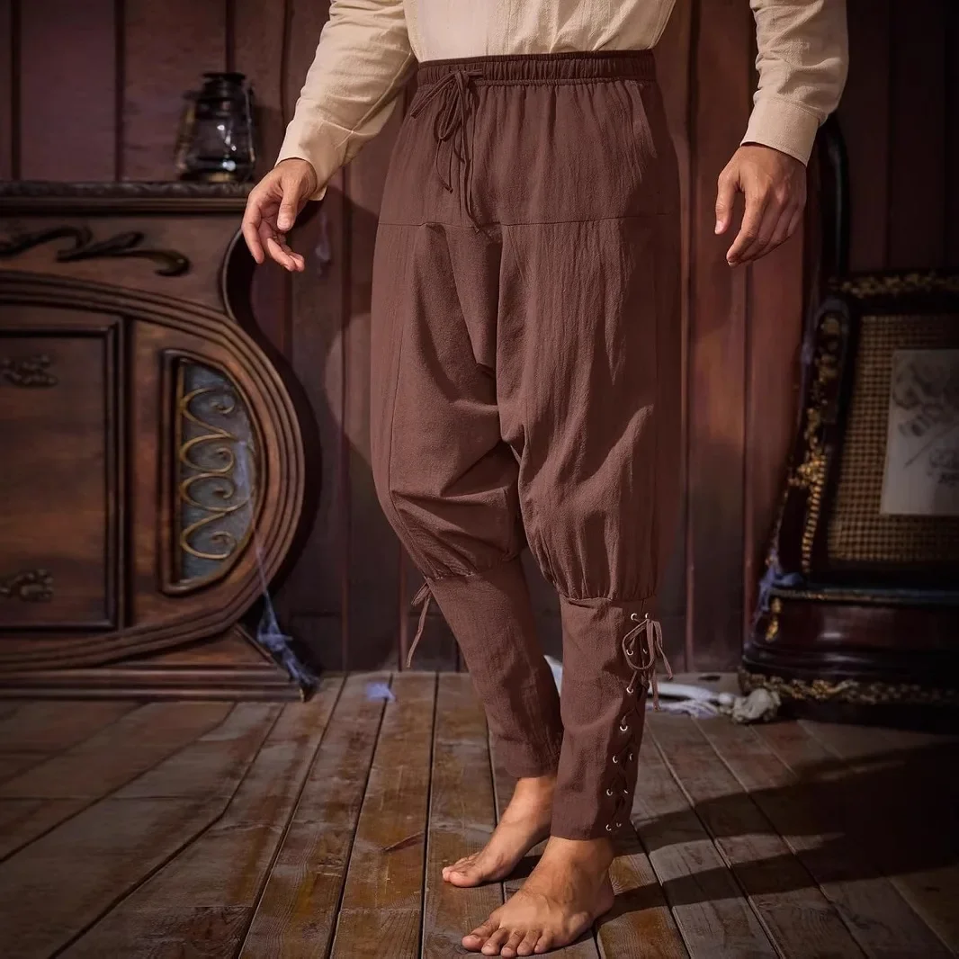 남성용 중세 발목 묶인 면 바지 르네상스 바이킹 해적 캡틴 캐주얼 루즈핏 바지 편안한 통기성