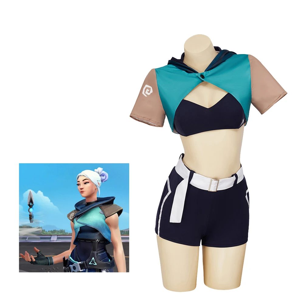 

Костюм для косплея Valorant Jett, сексуальный топ-бикини Jett, мини-шорты с поясом, полный комплект, одежда для Хэллоуина, карнавала, женская одежда для ролевых игр