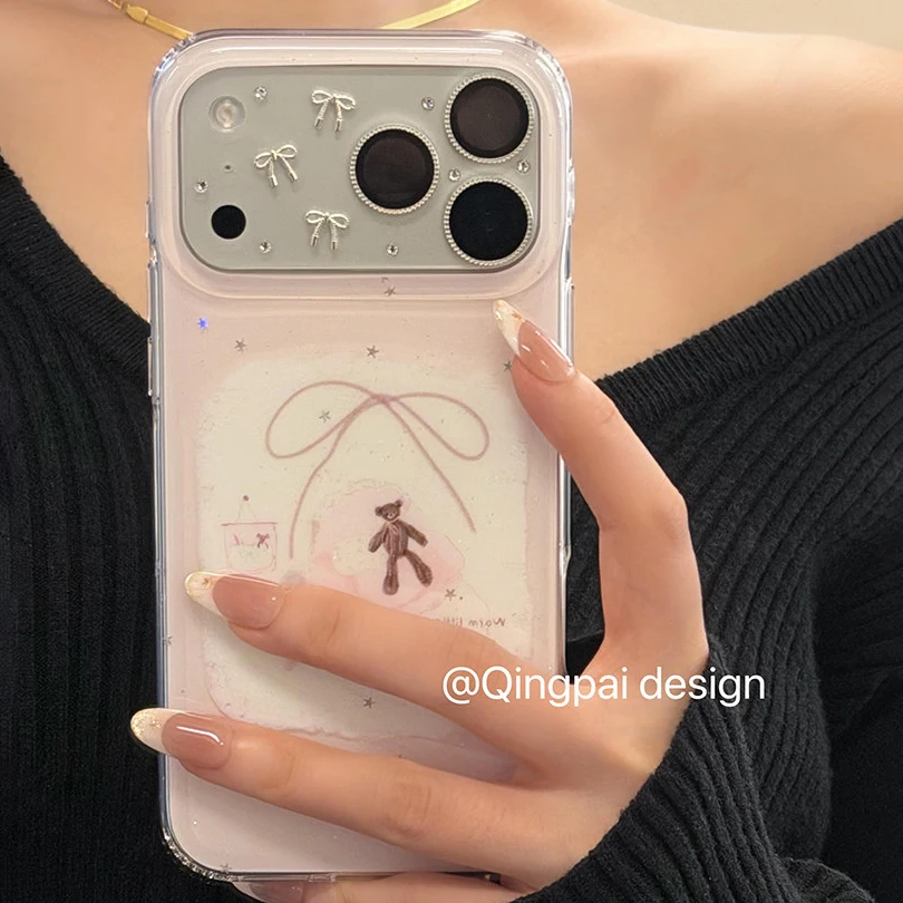 Custodia Protettiva per Fotocamera in Vetro con Design a Fiocco 3D Carino per iPhone 17 Pro Max con Strass, Rigida o Morbida - immagine 6