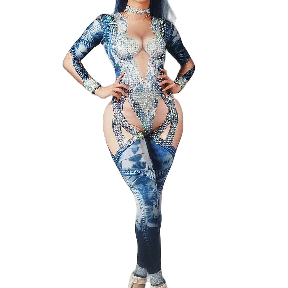 

Long Sleeve Stretch Outfit Personality Performance Dance Costume Ladies Blue Rhinestones Striped Denim Pattern Tights Jumpsuit