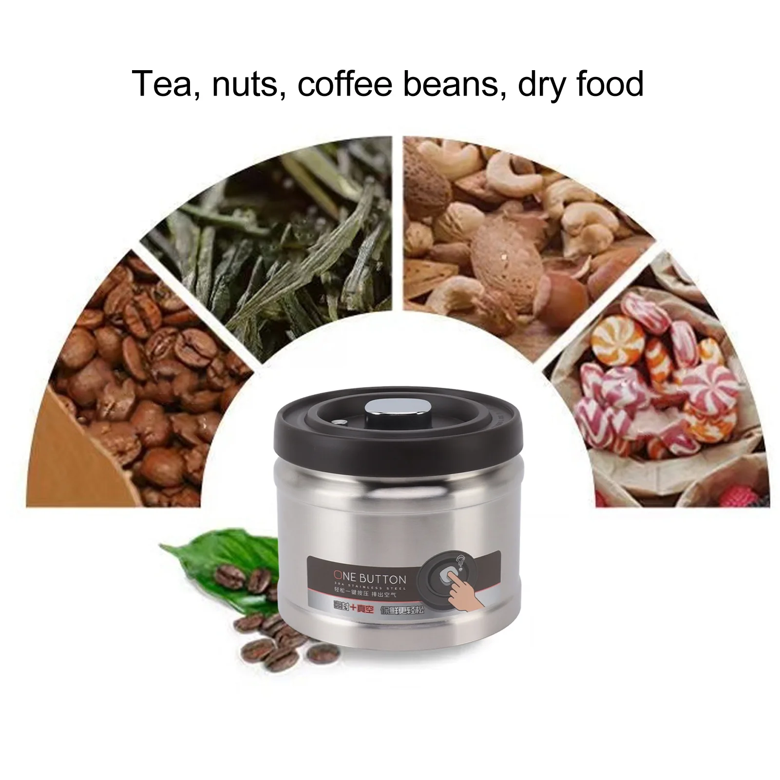 Food Storage Container 304 Stainless Steel Press Type Large Capacity Simple Vacuum Sealed Coffee Container for Home