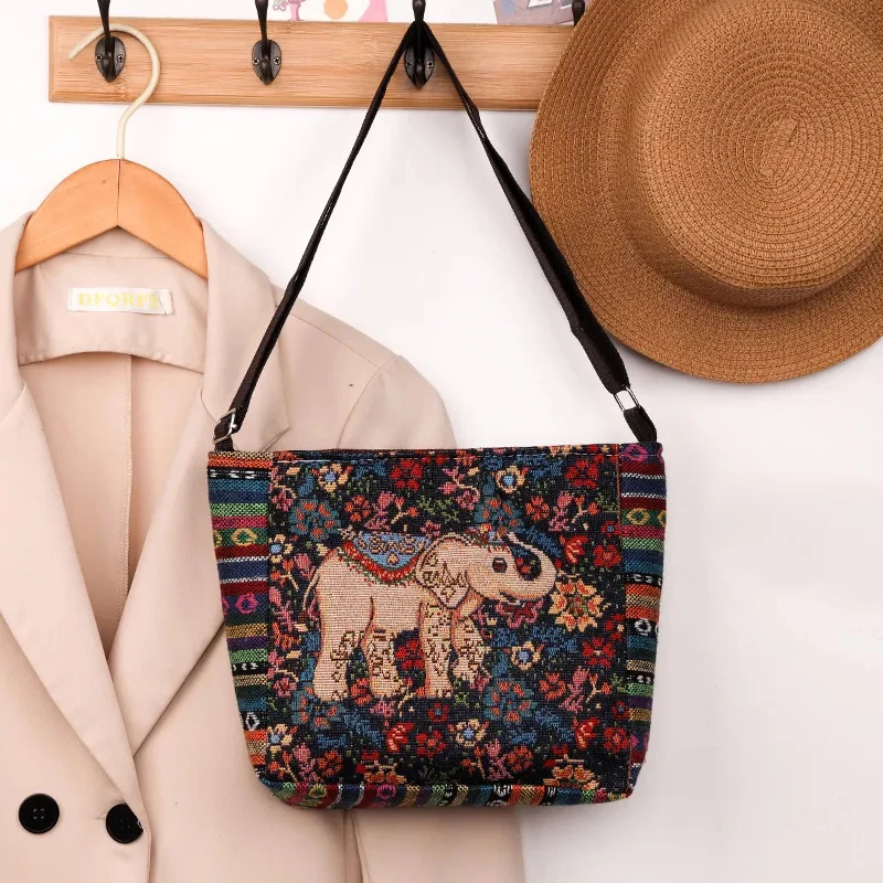 Qiwenr Embroidered Elephant Canvas Shoulder Bag - Adjustable Crossbody Boho Bag
