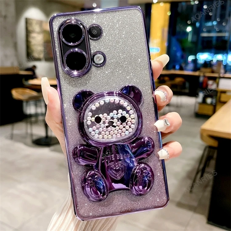 Étui en silicone plaqué avec support d'ours mignon pour Xiaomi Redmi Note 13 Pro 13pro Note13 4g 5g support couverture Mi Poco X6 M6 Pro Pocox6_voghion.com