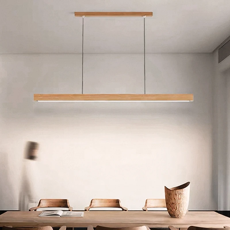 DAMIASMIL LED Pendant Light Dining Table Lamp Wood Long Strip Suspension Chandelier for Living Dining Room Lighting Fixture 2
