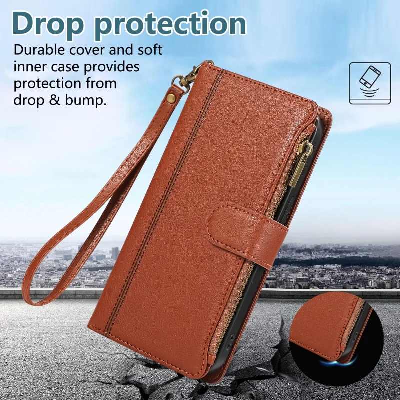 Zipper Leather Flip Wallet Phone Case with Lanyard and Card Holder
