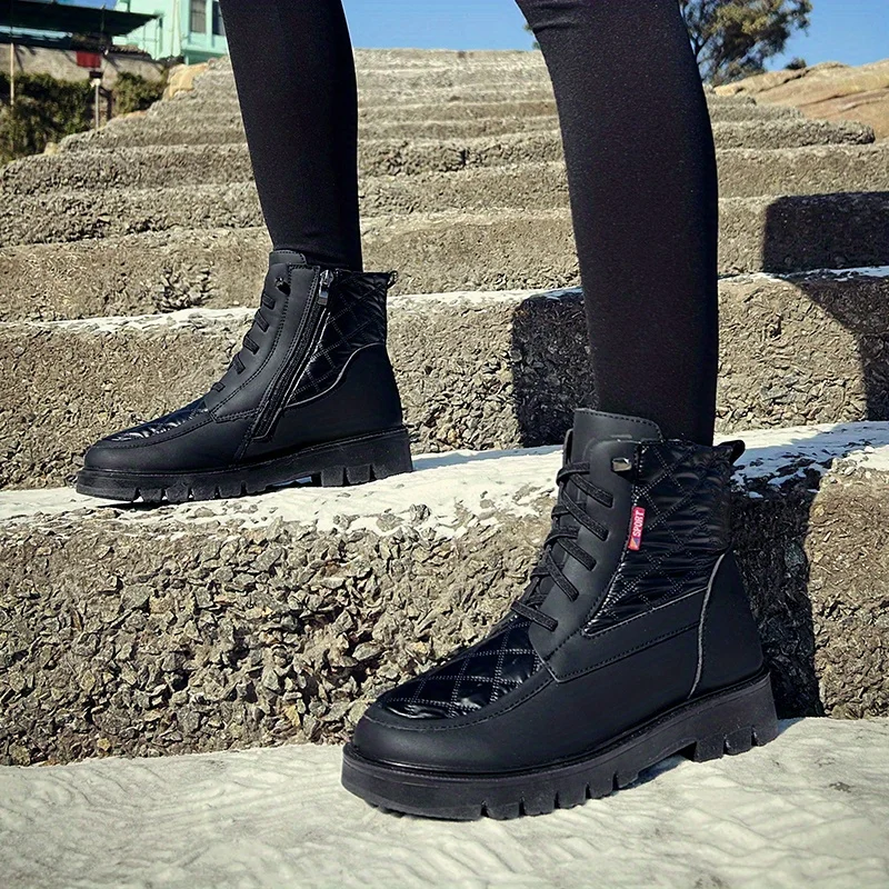 

Женские зимние стеганые ботинки с узором ромбиками, Теплые ботильоны с круглым носком, на шнуровке, водонепроницаемые теплые ботинки с подкладкой из искусственного меха