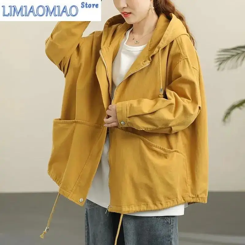 New Cotton Long Windbreaker Female Plus Size Spring Autumn Irregular Drawstring Korean Loose Hooded Windbreaker Female