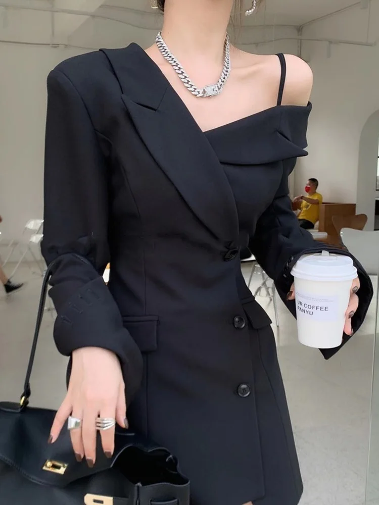 BZVW Asymmetric Off Shoulder Niche Design Sense Long Sleeved Blazers Dresses Women's 2023 Autumn New Trend A-line Female 25X2838