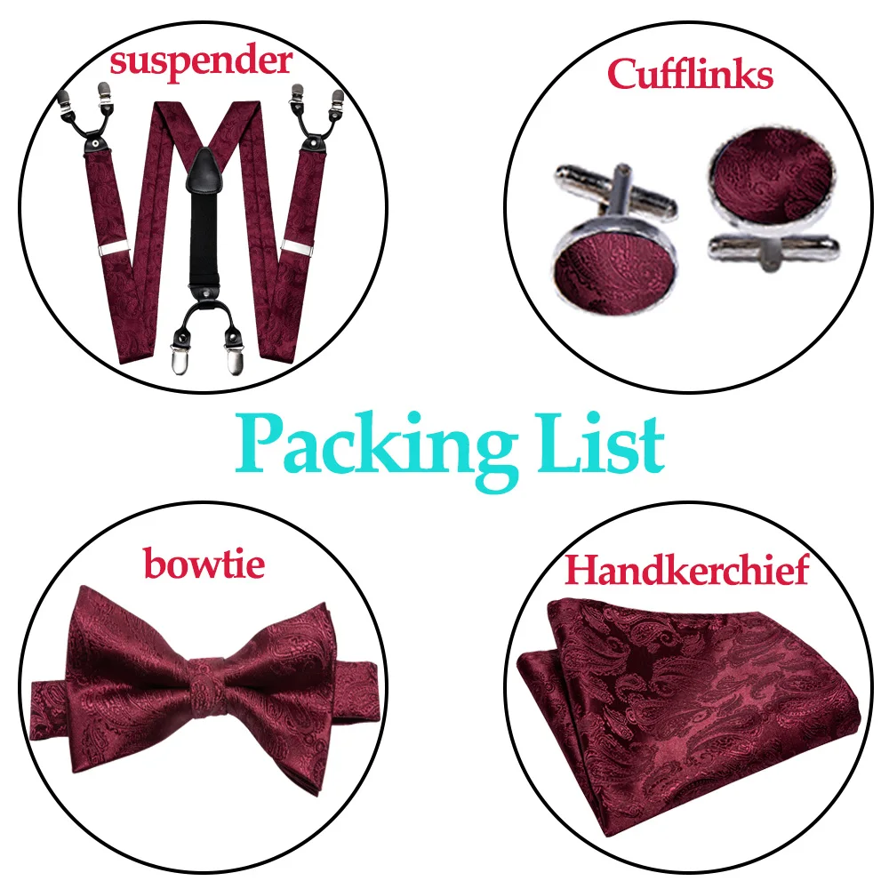 Silver Gold Red Black White Green Blue Pink Silk Mens Suspender Adjustable 6 Clips Braces Bowtie Hanky Cufflinks Set Barry.Wang