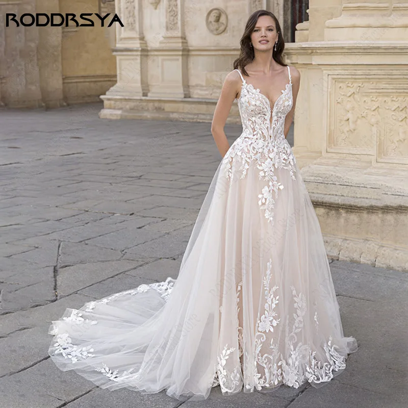 RODDRSYA Spaghetti Straps Appliques Wedding Dresses A line Lace Sweep Train Bridal Gown Custom Made Backless