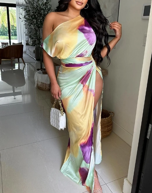 

Женское летнее платье в британском стиле, модель 2024 года, Привлекательное платье с диагональным воротником и короткими рукавами, косым плечом и разрезом