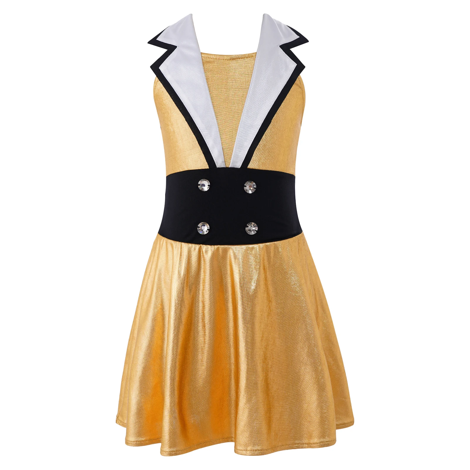 Kids Girls Sleeveless Lapel Sparkling Rhinestone Bronzing Cloth Jazz Dance Costumes Ballet Dress Dancing Performance Wear