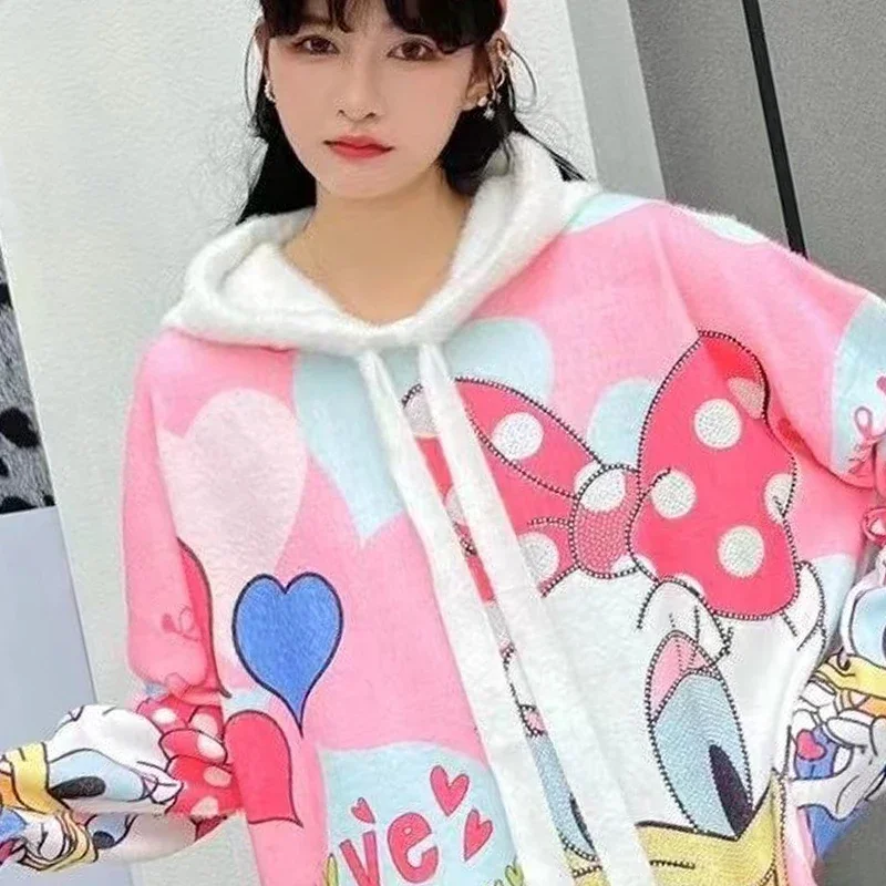 Heavy Embroidery Hot Drilling Cartoon Printed Soft Glutinous Sweater Female 2022 Autumn and Winter New Loose Casual Hooded Top