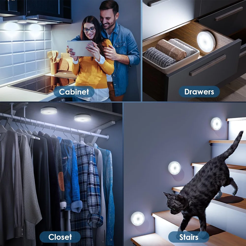 2~6 Pack Motion Sensor LED Night Light USB Rechargeable 3 Color Night Lamp Cabinet Wardrobe Lamp Staircase Wireless Closet Light