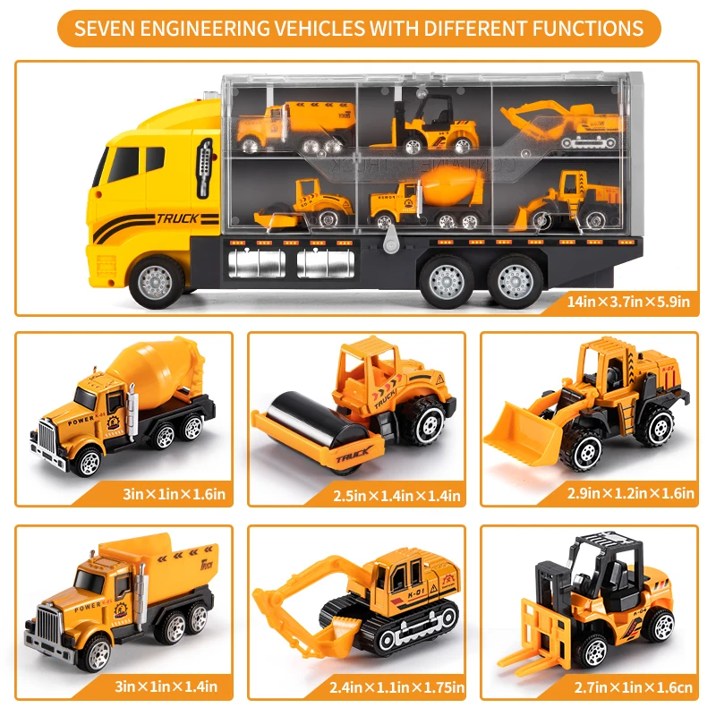 Big Construction Container Transporter Playset With 6PCS Mini Vehicle Carrier Truck Engineering Car Model Toys For Kids Gifts 2