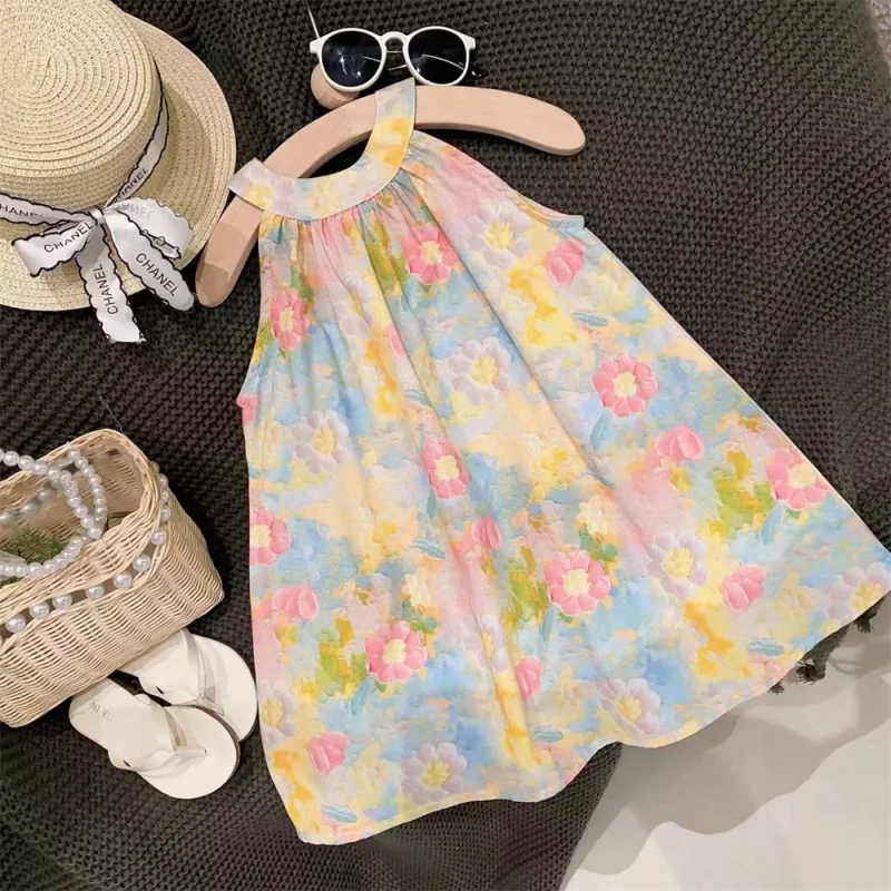 

Jardin Monet Girls' Flower Optimized Hemming Collar Fashionable Princess Vest Dress Vacation Style Floral Dress Halter-KXKM