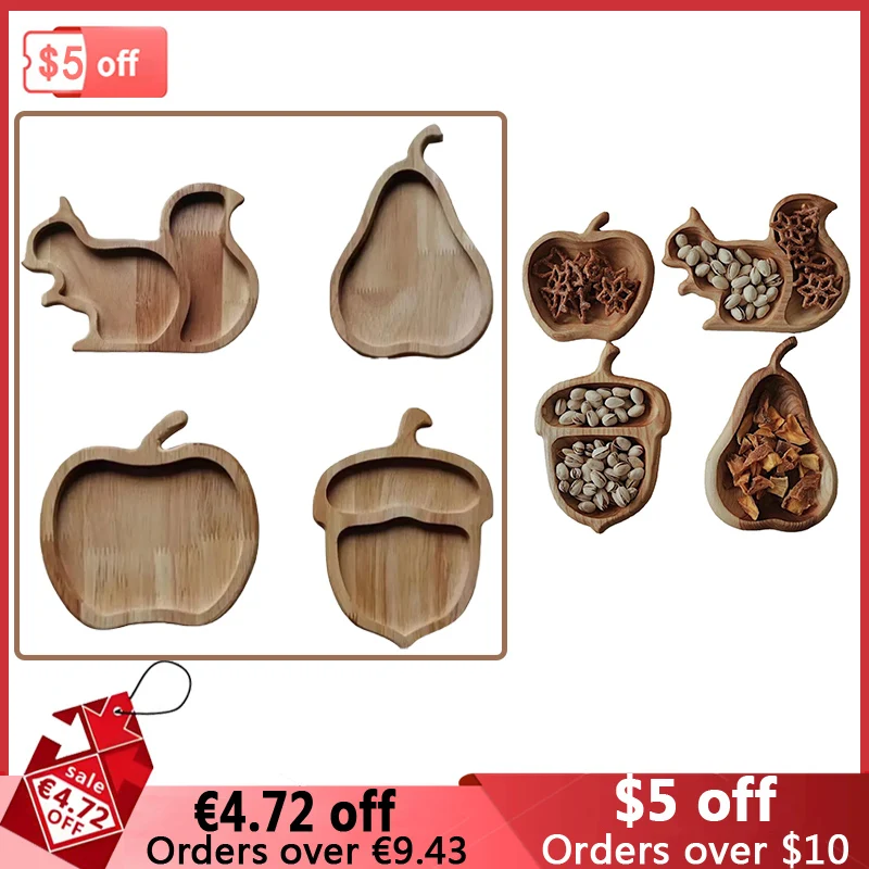 Squirrel Snack Tray Wooden Craft Double Dish Holder for Nuts Sunflower Seeds Peanuts Cherries Home Decor Edamame Bowl Pedestal