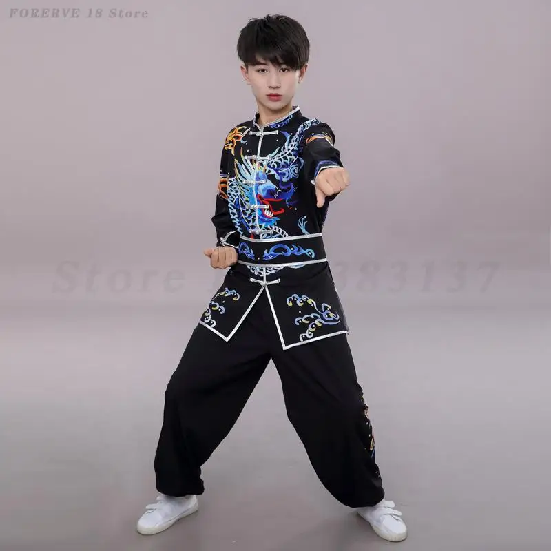 Children Traditional Tai Chi Wushu Costume Chinese Style Dragon Print Kung Fu Martial Arts Tang Suit Performance Clothing