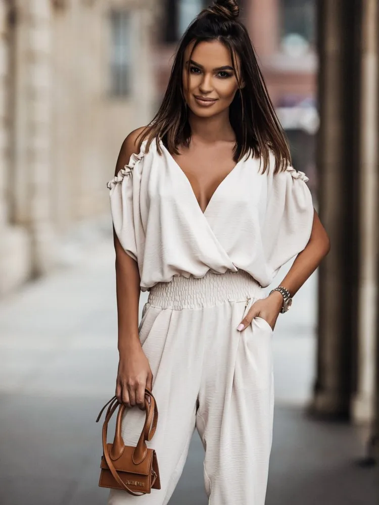 

Women's Spring Summer Sexy Deep V Neck Jumpsuit Fashion Pocket Elastic Waist Off The Shoulder Female Casual Leggings Jumpsuit