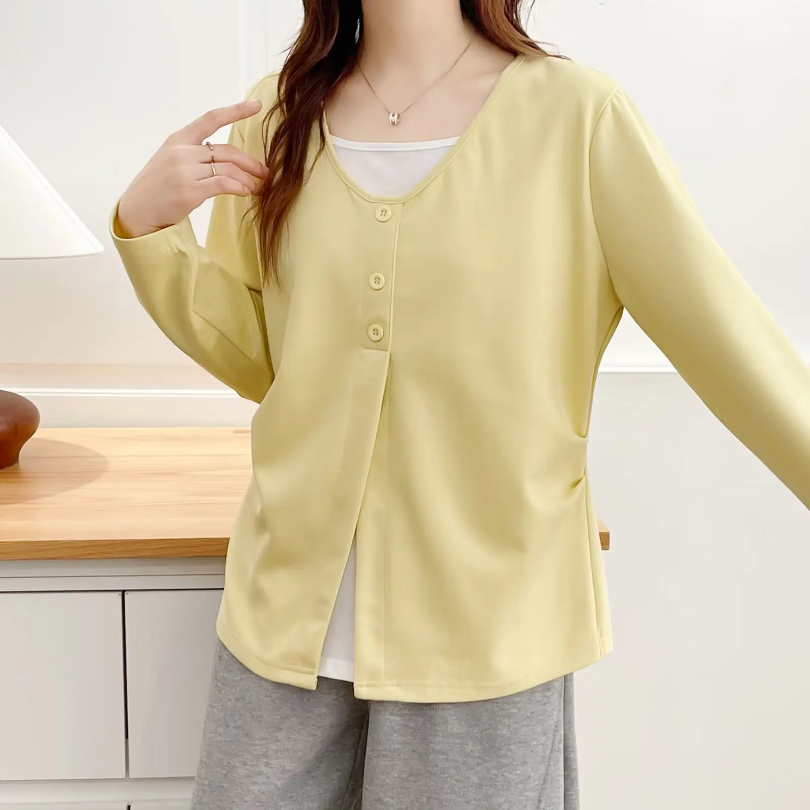 XXXXL Fashion Plus Size Women's T-Shirt Autumn Fake Two Pieces Stylish Long Sleeved Tops Casual 2516