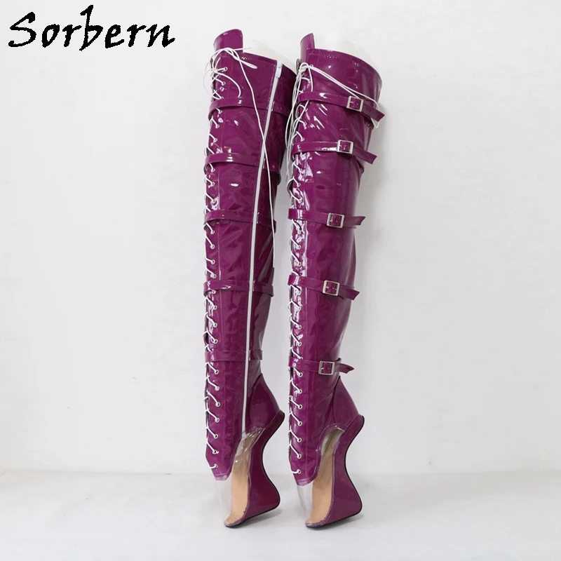 

Sorbern Shiny Purple Clear PVC Boots Ballet High Heels Sexy Fetish Heelless Over The Knee Boots Unisex Crosss Dressing Shoes