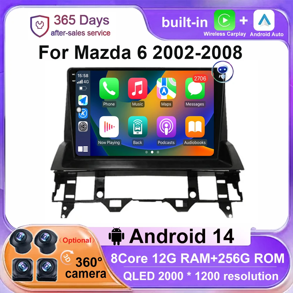 Для Mazda 6 2002 2003 2004 2005 2006 2007 2008 Android 14 Carplay Автомобильный мультимедийный видеоплеер WIFI 4G автомобильный радиоприемник QLED экран GPS Для Mazda 6 2002 2003 2004 2005 2006 2007 2008 Android 14 Carplay Автомобильный мультимедийный видеоплеер WIFI 4G автомобильный радиоприемник QLED экран GPS