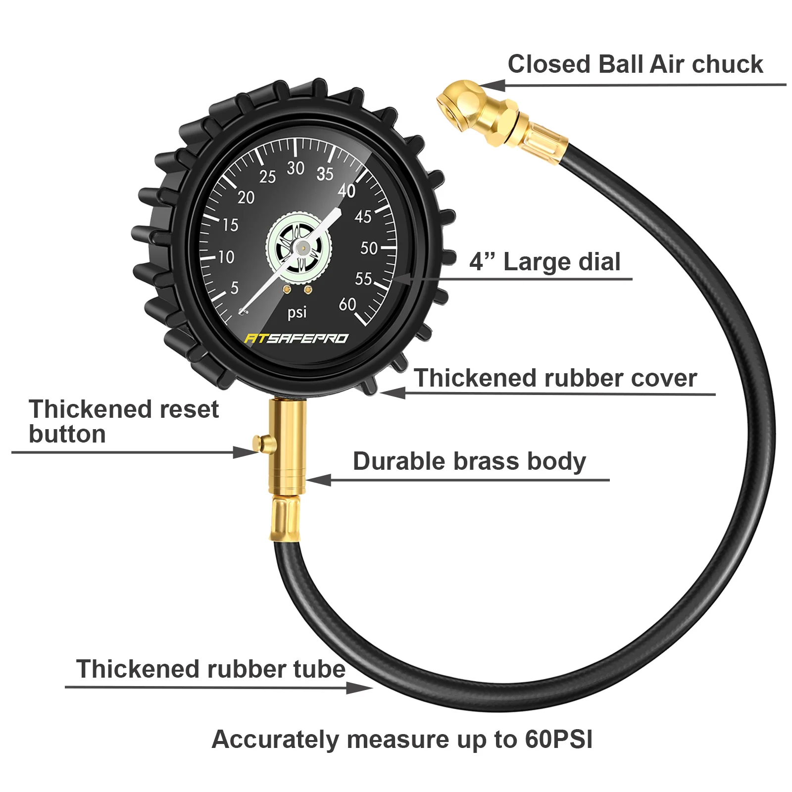 ATsafepro 4 Inch Tire Pressure Gauge 87 PSI 140 PSI 200PSI Accuracy
