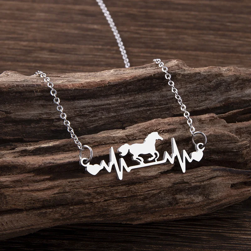 Fashion Stainless Steel Heartbeat Horse Pendant Necklace For Women