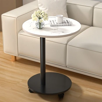 Modern Round Dining Table Portable Foldable Wheeled Side Table Coffee Table Bedside Table Living Room Balcony Sofa End Table