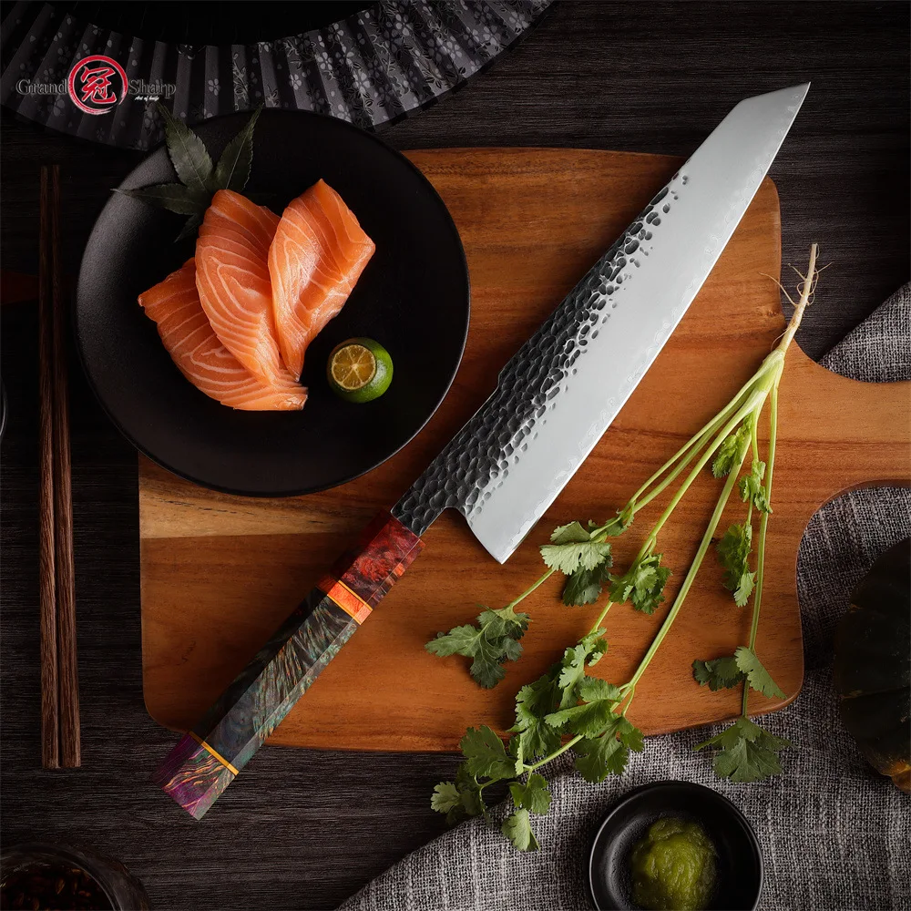 

Нож Kiritsuke, рукоятка в случайном порядке, трехслойное лезвие из плакированной стали, острые поварские ножи для нарезки, мясницкий нож ручной работы, кованые кухонные ножи, инструменты для готовки