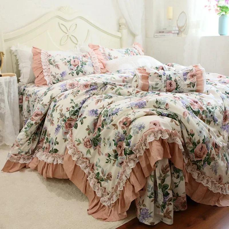 

Romantic Rose floral bedding set luxury Ruffle lace duvet cover set princess Bed linens cotton queen bedding set sheet