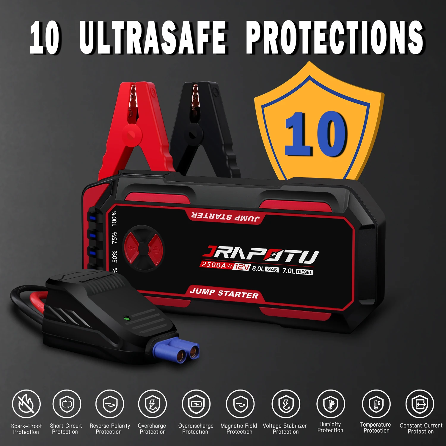 Portable Car Jump Starter 2500A Peak Battery Jumper Starter 12V for 8
