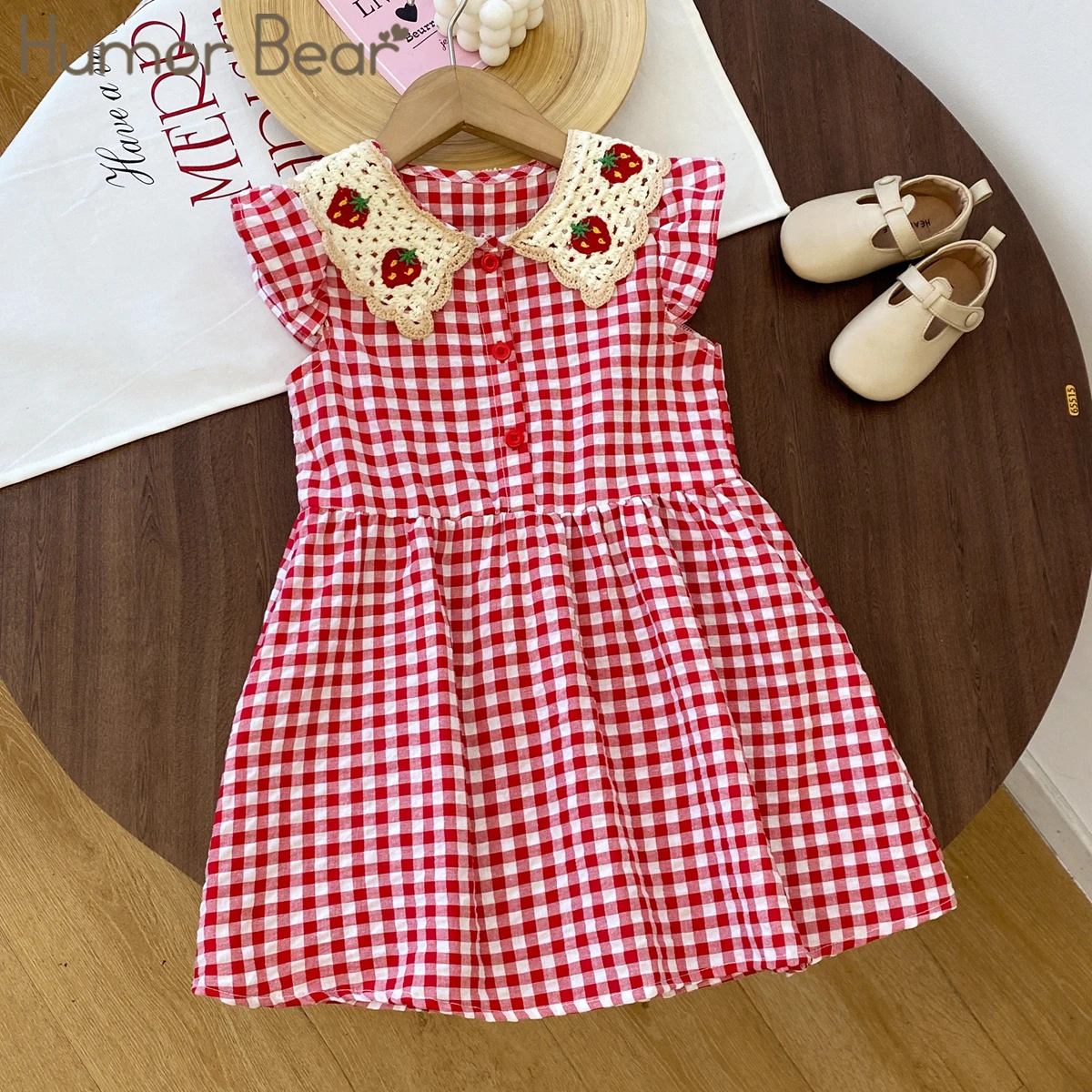 Humor Bear Girl Casual Dress 2026 New Fashion Strawberry Crochet Collar Plaid Flying Sleeve Dress Cute Outfits Girls Vestidos