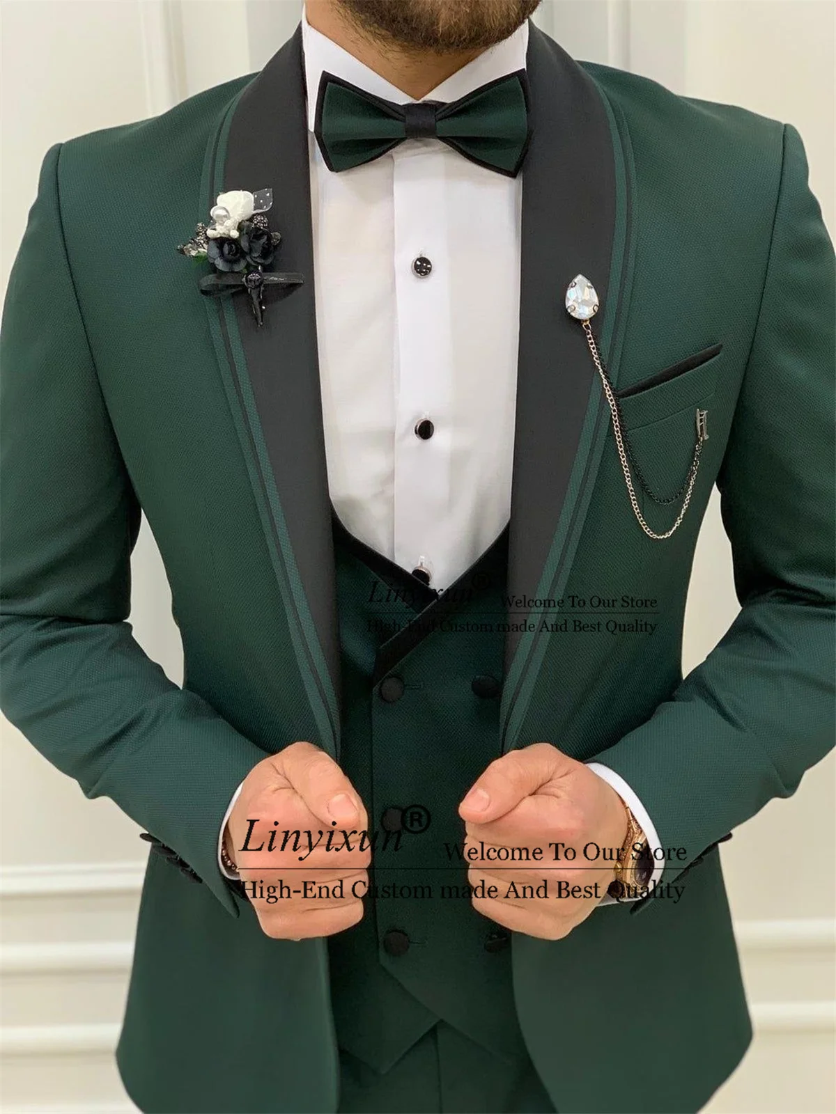 Classic Green Men's Suit Black Lapel Groom Wedding Tuxedos Slim Fit 3 Piece Set Business Male Prom Blazer Vest Pants Outfit