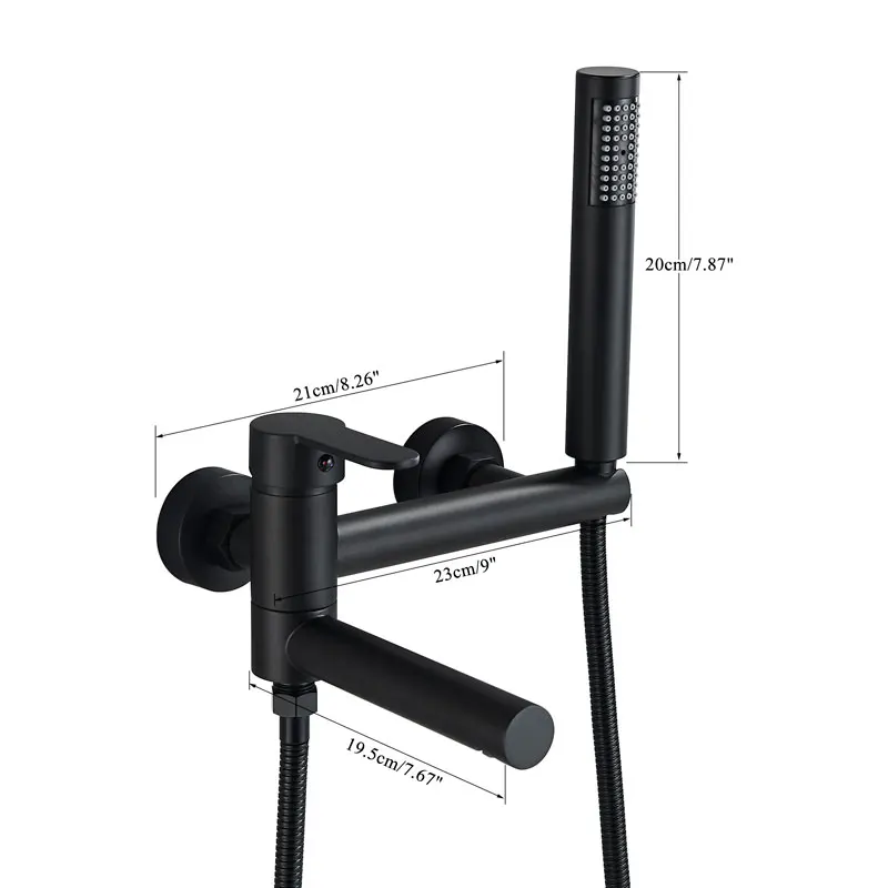 Matte Black Bathtub Faucet Wall Mounted Bathroom Shower Mixer Tap With Swivel Tub Spout  Long Spout Tub Crane Single Handle 2