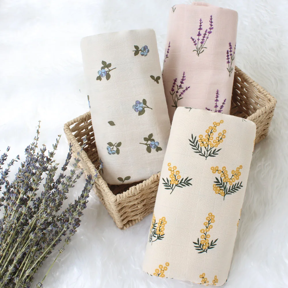 100% Organic Cotton Baby Muslin Swaddle Blanket Lavender Floral Leaves Printed Soft Newborn Wrap 3