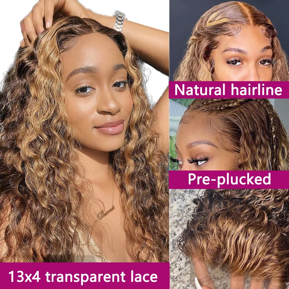 Ombre Lace Frontal Wig para Mulheres, Perucas de Cabelo Humano Onda Profunda, Cabelo Brasileiro, Fecho de Destaque, 13x4, 4 27 Colorido, 30