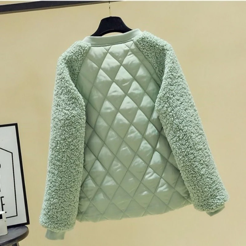 Women Casual Lambwool Winter Jacket Korean Fashion Round Neck Short Parkas Warm Vintage Long Sleeve Cotton Padded Bomber Coat