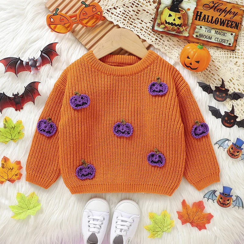 Baby Sweater Long Sleeve Crew Neck Pumpkin Warm Winter Pullover Sweater Halloween Clothes for Girls Boys