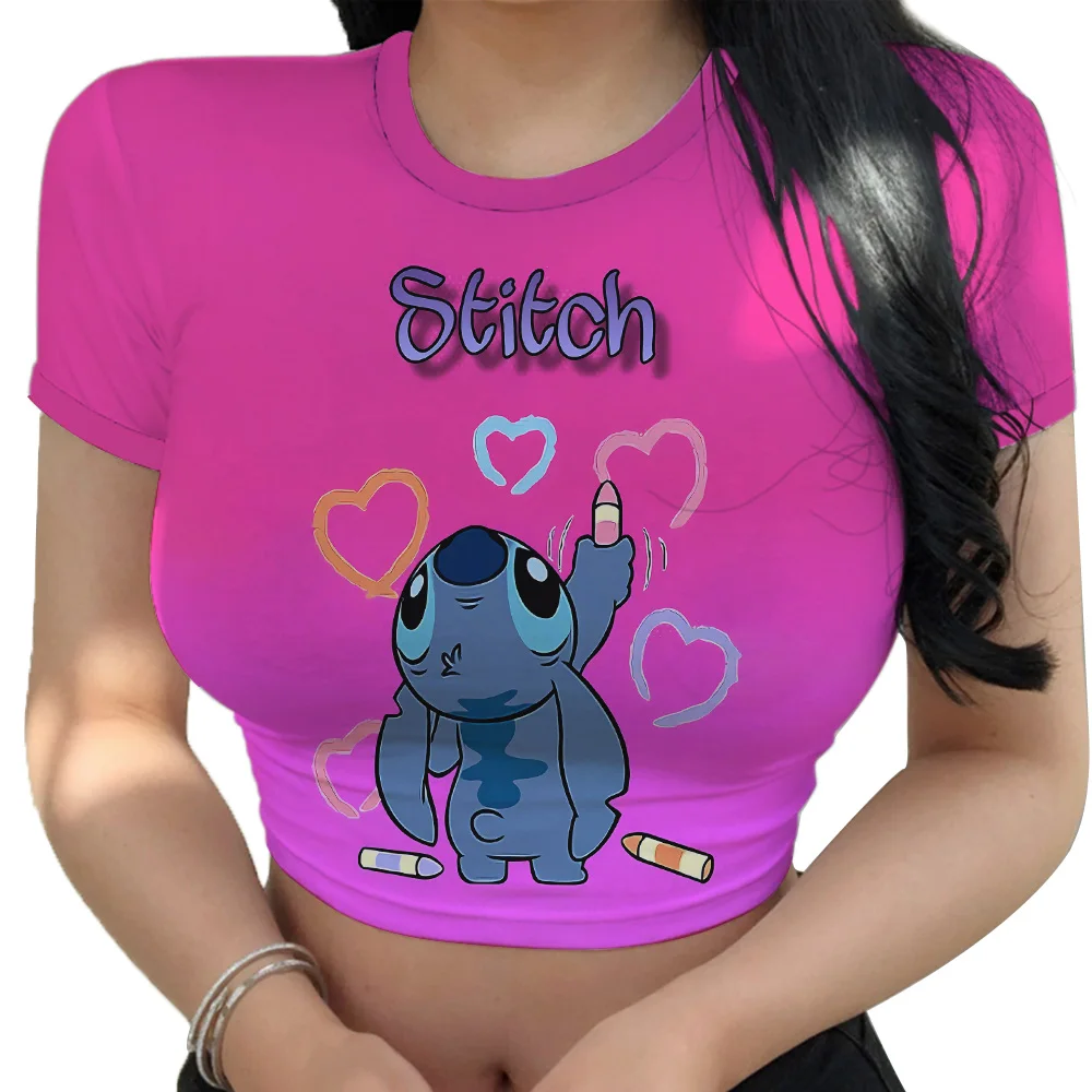 Hot Sale Women's Red T shirts Summer 2024 Fashion Disney Stitch Crop Top Harajuku Y2k New Sweet T-shirt Clothing Kawaii Clothes 1
