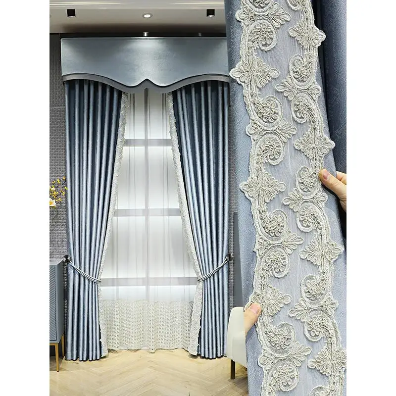 

Custom curtain Nordic High quality modern Jacquard blue grey lace Splicing Texture blackout curtain valance tulle panel M1258