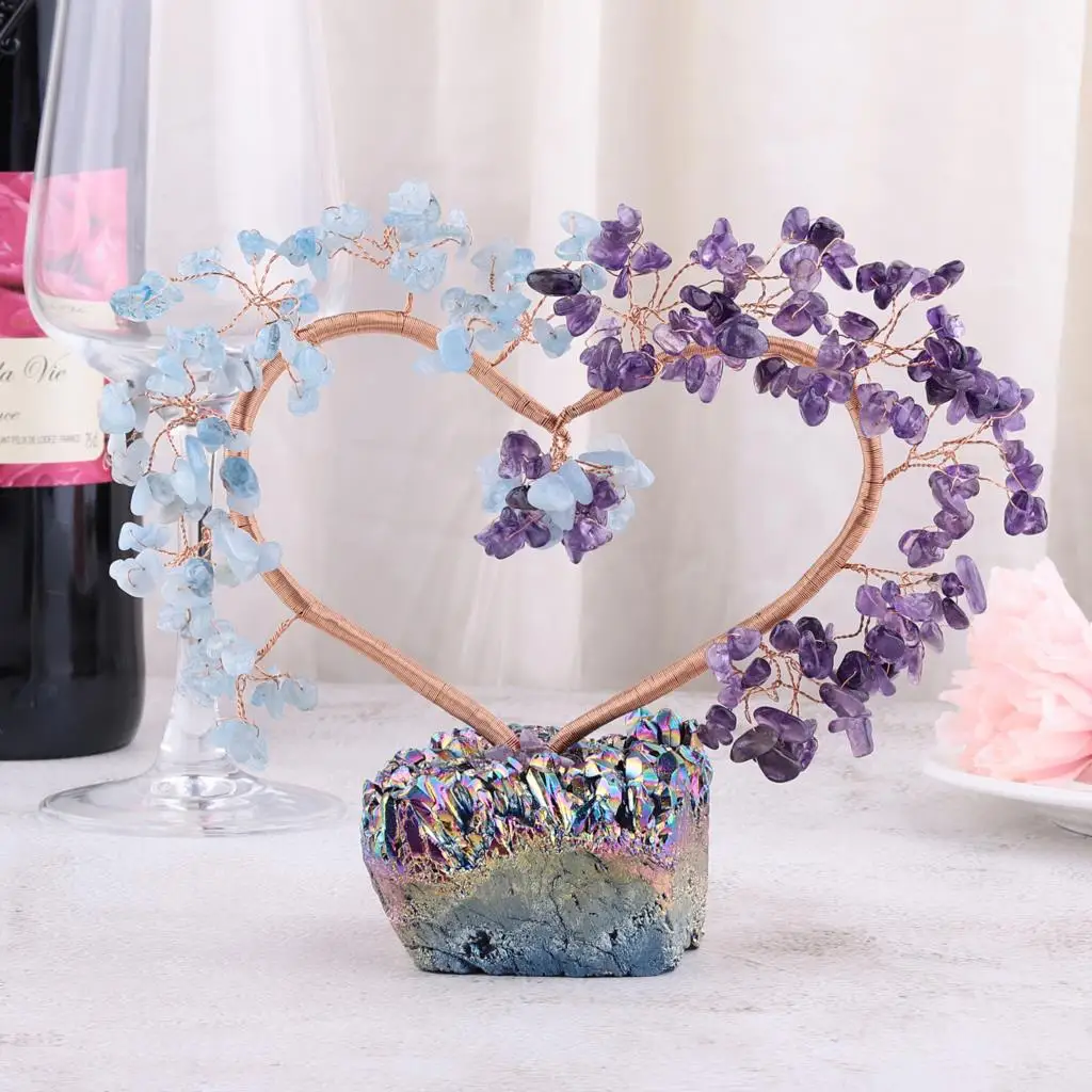 Love Heart Shape Crystal Money Tree With Rainbow Titanium Coated Quartz Cluster Base Feng Shui Home Decor For Wealth and Luck