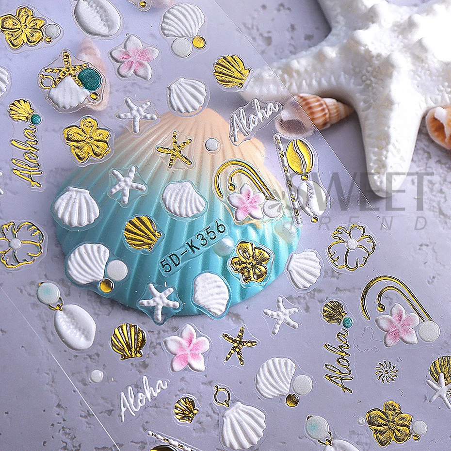5D Summer Beach Ocean Shells Starfish Nail Stickers Conch Stars Embossed Nail Art Supplies Decals Manicure Charm Decoration DIY