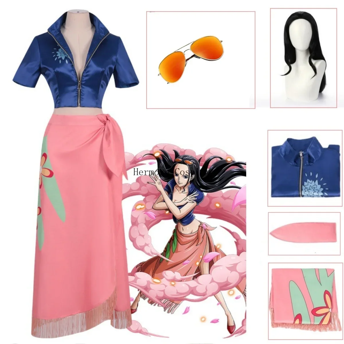 thumbnail image 1 of Disfraz de cosplay de anime, vestido, traje de cosplay de Nico Robin, gafas, peluca de fiesta, traje, disfraces para niña, traje de carnaval de Halloween, 1 of 4
