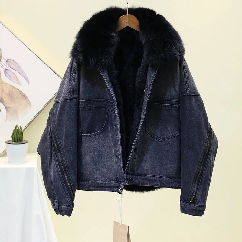 

Winter Removable Fox Fur Collar Real Rabbit Fur Lined Denim Coat Women Outwear Thick Warm Loose Back Zipper Jeans Jacket Female