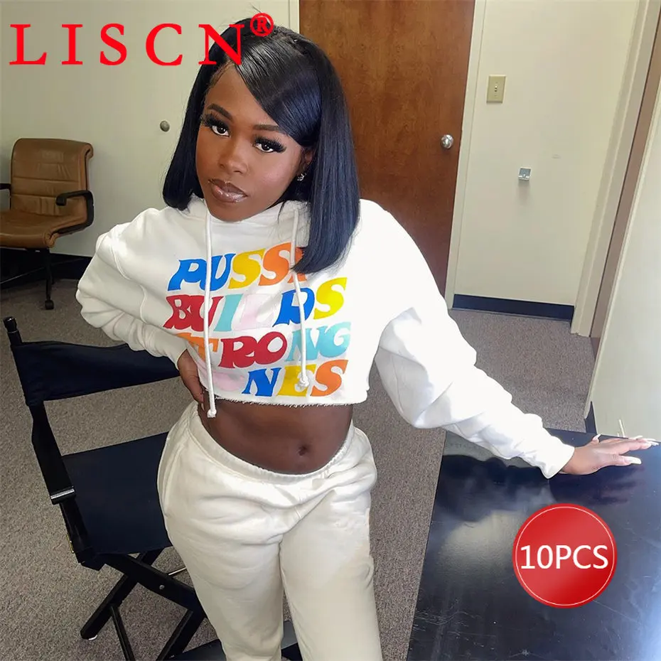 10pcs Hoodies Women Spring 2023 Letter Printing Long Sleeve Draw String