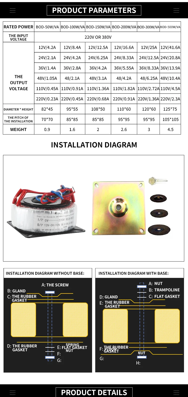Description Picture 3 of item50VA double toroidal transformer audio pure copper ring cow power amplifier power coil fan transformer isolation high power