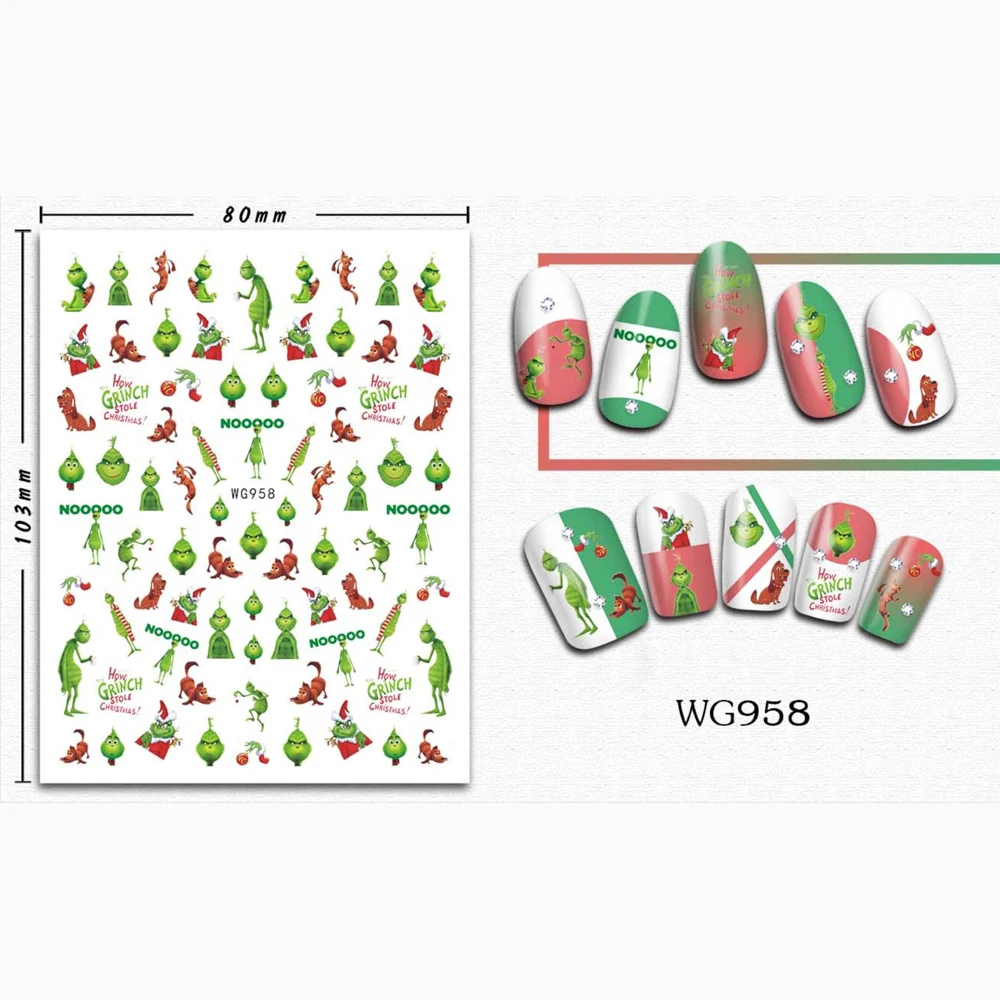10PCS Christmas Disney Nail Art Decal Green skin monster text Mickey Nail Deco Art Decal 3D Back glue Party Green Nail slider 3