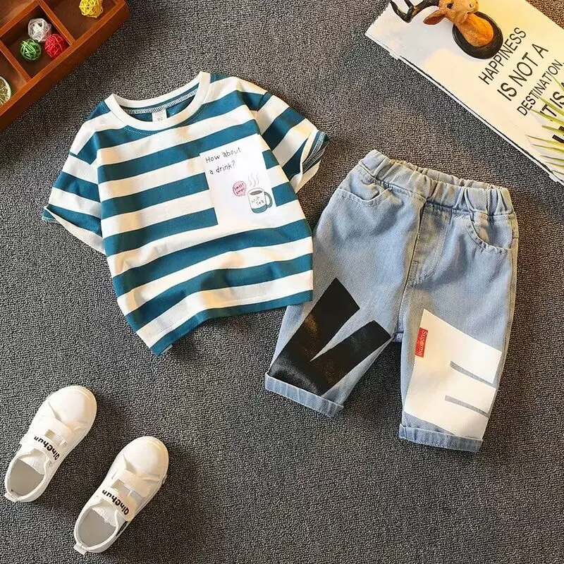 

Summer Tracksuit For Boy Sets For Children Boys Shirts and Jean Shorts 2Pcs Outfit Sets Kids2 3 4 6 7 12 Year 2024 New
