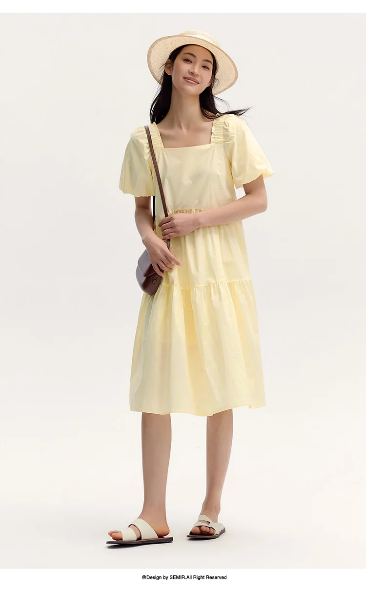 Dress Women Gentle And Feminine Style With Ruffled Trim And Square Neckline Summer New Bubble Sleeves Doll Dress